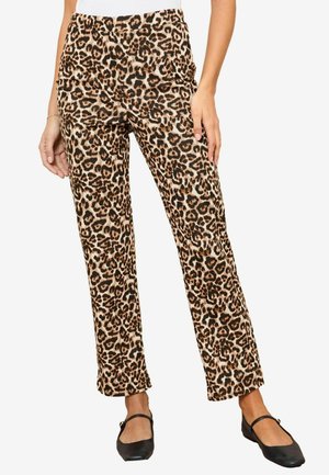 Pantaloni a fantasia leopardata con vita aderente e gambe leggermente svasate, nei colori beige, marrone e nero. Texture liscia e senza hardware visibile.