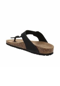 Zwarte teenslipper met een kurken voetbed, voorzien van een gestructureerde rubberen zool en een strak ontwerp. Verstelbare zwarte banden voor een goede pasvorm.