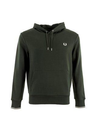 Sudadera de color verde oscuro hecha de una tela suave, con un bolsillo canguro frontal, capucha con cordón y un pequeño logo bordado en el pecho.