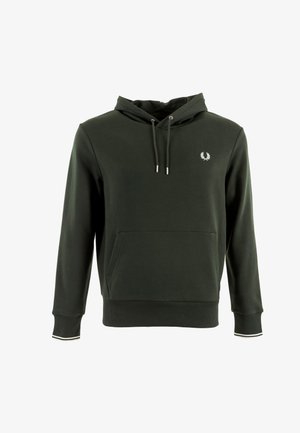 Felpa verde scuro realizzata in tessuto morbido, con tasca a marsupio frontale, cappuccio con cordini e un piccolo logo ricamato sul petto.