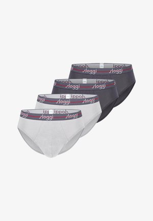 Four men's briefs in grey and dark grey, each with a branded elastic waistband featuring "sloggi" text and a red stripe.