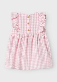 Rosa rutigt klänning, bomulls tyg, volang ärmar, tre träknappar bak, draperad midja, utsvängd kjol.