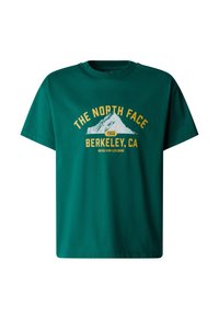 Green cotton T-shirt featuring a mountain graphic and text in yellow, stating "THE NORTH FACE 1966 BERKELEY, CA NEVER STOP EXPLORING."