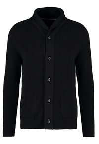 Schwarze Strickjacke mit Schalkragen, fünf Knöpfen und zwei vorderen Taschen. Rippstruktur im gesamten Stoff.