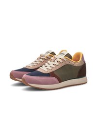 Multicolored sneakers featuring a combination of suede and mesh materials. Colors include navy, brown, pink, and yellow accents. Rubber sole.