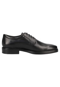 Chaussure de ville en cuir noir avec une finition lisse, bout arrondi, six œillets et une semelle en caoutchouc noir mince. Détails de couture sur les côtés.