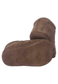 Stivaletti alla caviglia in suede marrone con una texture morbida, forma arrotondata e dettagli cuciti sulla parte superiore. Suole piatte e antiscivolo.
