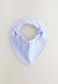 Light purple bandana-style neck wrap made of textured fabric with vertical stripes and a snap closure for secure fitting.