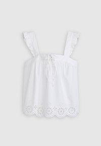 Hvit ermeløs topp med volanger på skuldrene, snøring foran og blomstrete broderi langs kanten. Lett bomullsstoff.