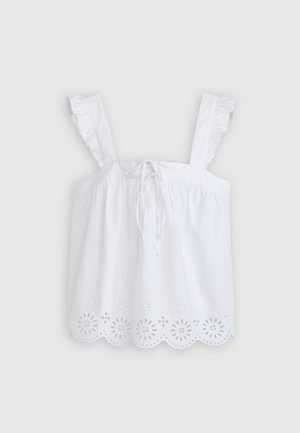 White sleeveless top with ruffled straps, a drawstring front, and floral eyelet embroidery along the hem. Lightweight cotton fabric.