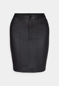 Svart denimkjol med en åtsittande design, som har framfickor, en dold dragkedja och synliga sömmar för en extra textur.