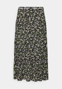 Gonna lunga floreale con sfondo nero, decorata con piccoli fiori viola e verdi, orlo arricciato e vita elasticizzata con logo.