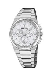 Orologio in acciaio inossidabile argentato con quadrante bianco testurizzato, lancette luminescenti, sottocampi cronografi e display della data alle 6.