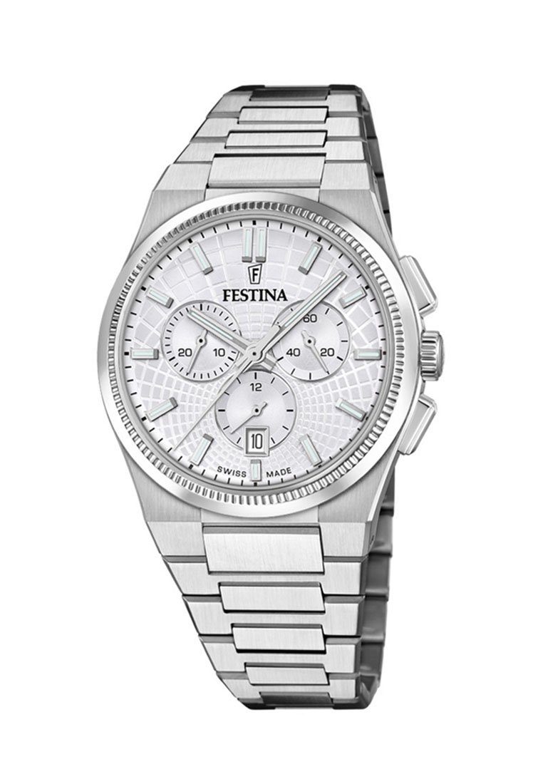Orologio in acciaio inossidabile argentato con quadrante bianco testurizzato, lancette luminescenti, sottocampi cronografi e display della data alle 6.