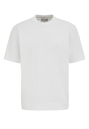 T-shirt blanc uni à manches courtes et col rond, avec une étiquette de taille moyenne à l'intérieur du col, présenté sur un fond neutre.