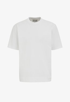 T-shirt blanc uni à manches courtes et col rond, avec une étiquette de taille moyenne à l'intérieur du col, présenté sur un fond neutre.