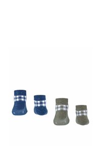 Vier paren babysokken: twee in marineblauw met een wit geruit patroon en twee in olijfgroen met een vergelijkbaar patroon, met geribde boorden.