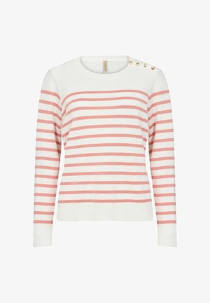 Pull rayé en blanc et rose clair, avec un col rond, des manches longues et des boutons décoratifs sur l'épaule. Texture lisse.