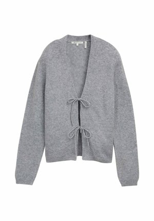 Cardigan grigio lavorato a maglia con scollo a V, maniche lunghe e chiusura con fiocco frontale. Realizzato in materiale morbido con una finitura testurizzata.