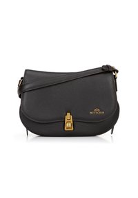 Borsa a tracolla nera in pelle con finitura texturizzata. Presenta una chiusura e una tracolla in tonalità oro, e un design a patta liscia e arrotondata. Logo visibile.