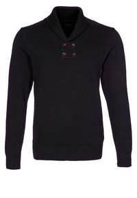 Svart stickad tröja med sjalkrage, två mörka knappar vid halsen samt ribbade manschetter och nederkant. Strukturerad tyg genom hela tröjan.