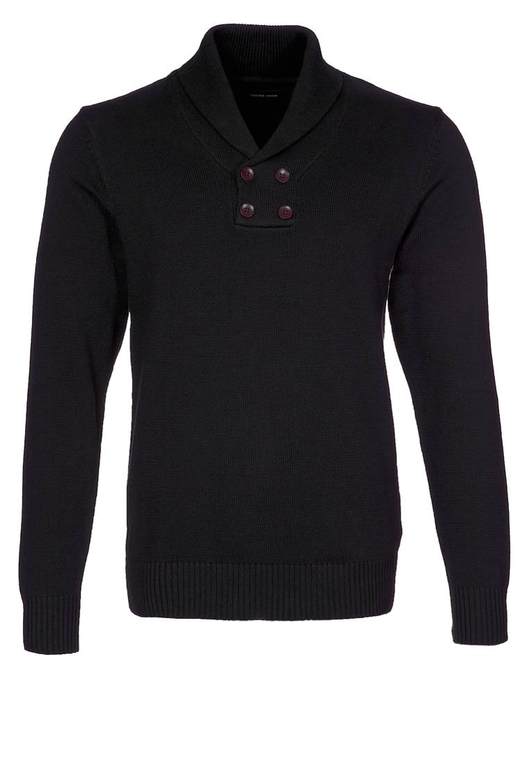 Svart stickad tröja med sjalkrage, två mörka knappar vid halsen samt ribbade manschetter och nederkant. Strukturerad tyg genom hela tröjan.