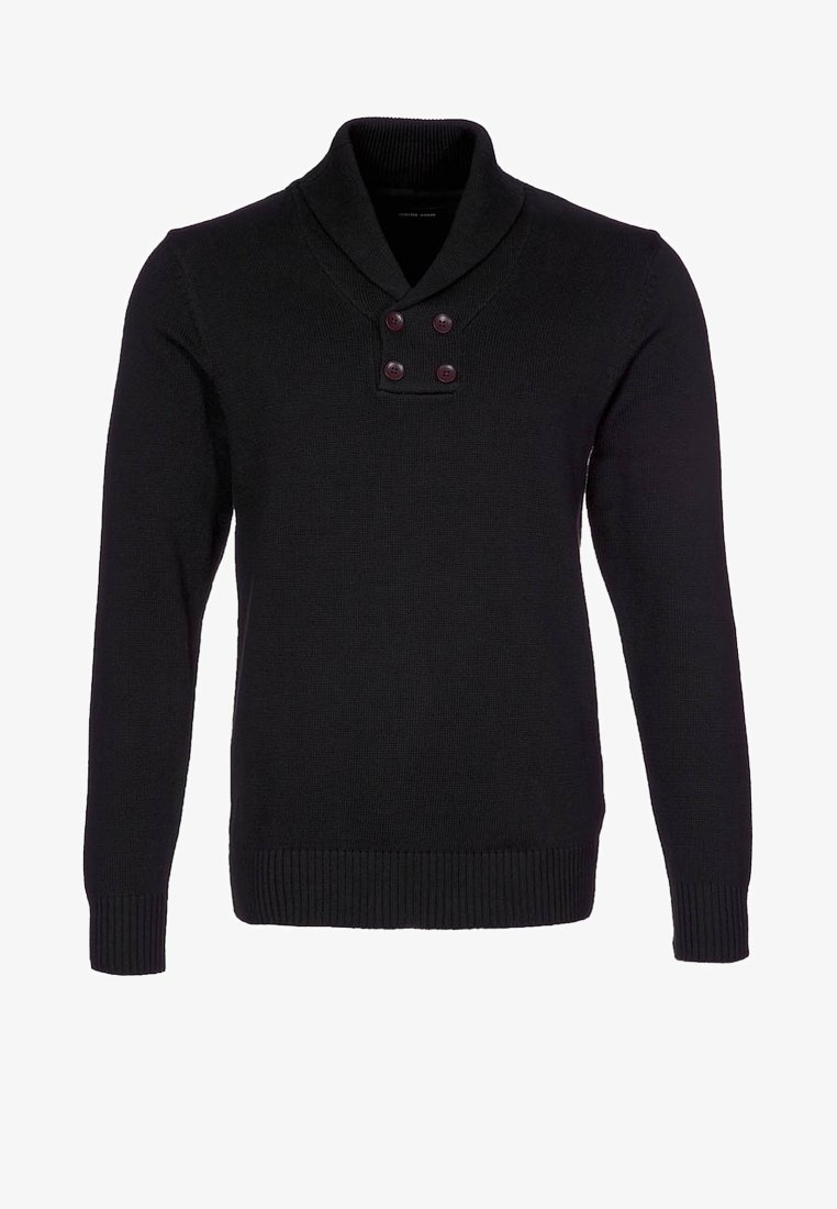 Svart stickad tröja med sjalkrage, två mörka knappar vid halsen samt ribbade manschetter och nederkant. Strukturerad tyg genom hela tröjan.