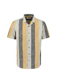 Korte mouwen knoopshirt met afwisselende gele, grijze en gestreepte patronen. Voorzien van bruine knopen en een kraag, gemaakt van lichtgewicht stof.