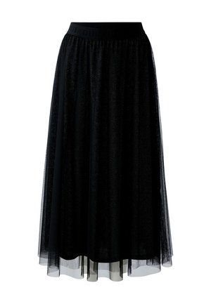 Black midi skirt with sheer outer layer and elastic waistband featuring repeated "OUI" text.