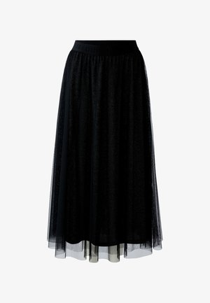 Black midi skirt with sheer outer layer and elastic waistband featuring repeated "OUI" text.