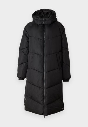 Mustern black puffer mantel kapuutsiga, millel on tõmblukk ees, elastsed mansetid ja küljetaskud; tekkimise disain pikendatud siluetiga.