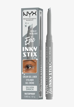 NYX Professional Makeup Epic Inky Stix metallischer silberner Creme-Gel-Eyeliner mit abgeschrägter Spitze und Augen-Make-up-Beispiel auf der Verpackung.