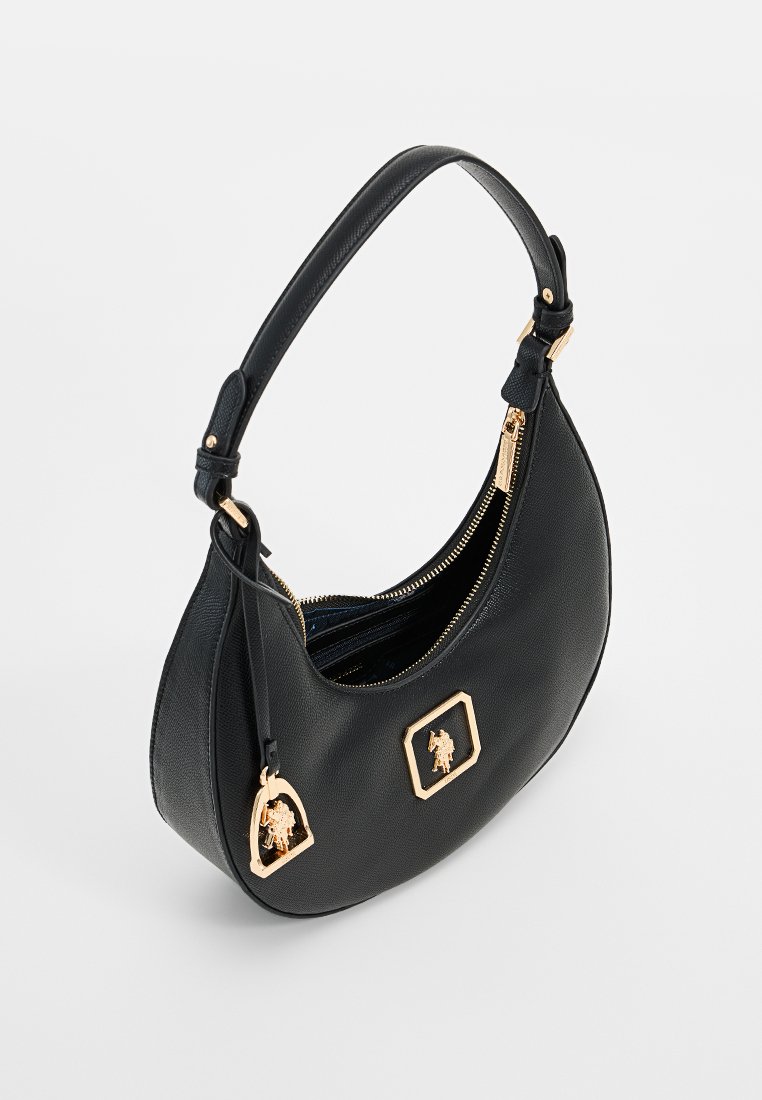 Sac hobo en cuir noir avec accent en matériel doré, doté d'une fermeture éclair et d'une surface texturée pour une durabilité accrue.