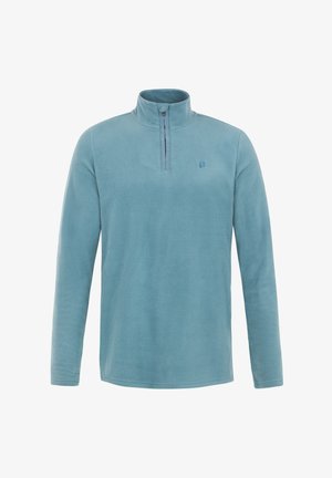 Hellblaues Fleece-Pullover mit halbem Reißverschluss am Kragen, langen Ärmeln und einem dezenten Logo auf der Brust. Weiche Textur mit geradem Saum.