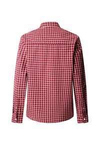 Camicia a maniche lunghe color bordeaux con un motivo a griglia bianca. Caratterizzata da un colletto classico, polsini con bottone e una yoke nella parte superiore della schiena.