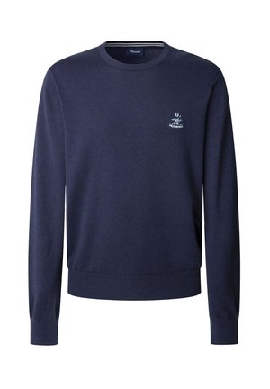 Maglione a maglia blu navy con scollo rotondo, polsini e orlo a costine. Presenta un piccolo logo ricamato sul petto. Design a vestibilità standard.