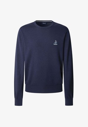 Maglione a maglia blu navy con scollo rotondo, polsini e orlo a costine. Presenta un piccolo logo ricamato sul petto. Design a vestibilità standard.
