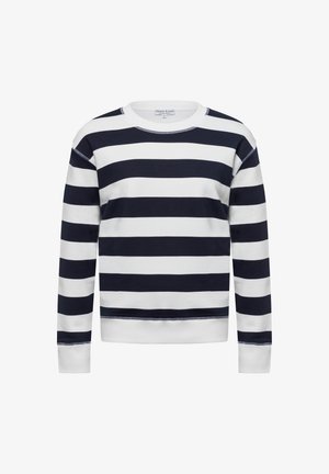 Navy- und weiß gestreifter Sweatshirt aus weichem Stoff. Mit Rundhalsausschnitt und gerippten Bündchen. Gerader Schnitt ohne Verzierungen.