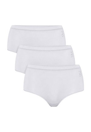 Tre slip da donna bianchi a vita alta impilati, ciascuno con un piccolo logo sull'anca sinistra e cuciture elastiche in vita.
