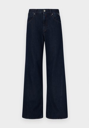 Dunkelblaue Jeans mit weitem Bein aus Denim, mit hoher Taille, fünf Taschen und oranger Naht entlang der Nähte.
