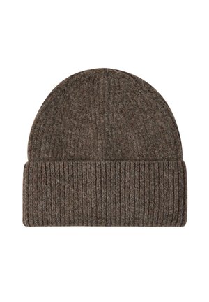 Beanie in lana marrone lavorato a maglia con risvolto a coste, che mostra motivi di maglia verticali e diagonali.