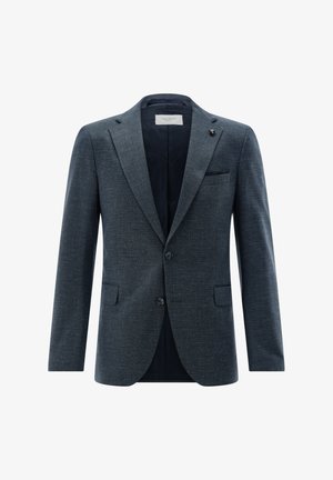 Navy blazer made of textured fabric with a notch lapel, two buttons, and a single chest pocket. Features a decorative pin and internal lining.