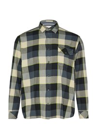 Langsleeve geruite blouse in donkerblauw, grijs en crème met groene accenten. Voorzien van een borstzak en een button-down kraag. Van katoen.
