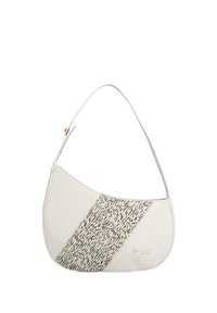 Sac à bandoulière blanc en cuir texturé avec une bande centrale tachetée noire et blanche, doté d'une fine sangle réglable et d'un détail logo doré.