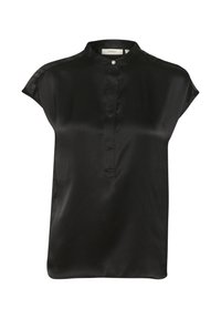 Blouse en satin noir avec col mandarin, manches courtes, patte de boutonnage frontale et détails de boutons subtils. Texture lisse, design simple.