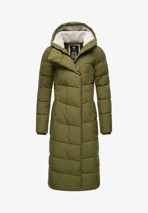 Long olive-green puffer coat with a textured fabric, quilted pattern, hood, and zippered side pocket. Lined with soft, light-colored material.