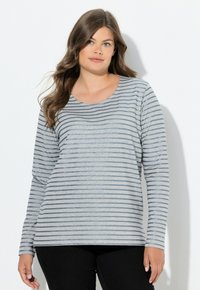 Langarmshirt in Grau mit dunkelgrauen horizontalen Streifen. Weicher Stoff mit rundem Ausschnitt und lockerer Passform. Schlichte Bündchen und Saum.