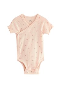 Ljusrosa kortärmad bodysuit med en inslagning, prydd med små blommönster och texturerade ränder; inkluderar tryckknappar i botten.
