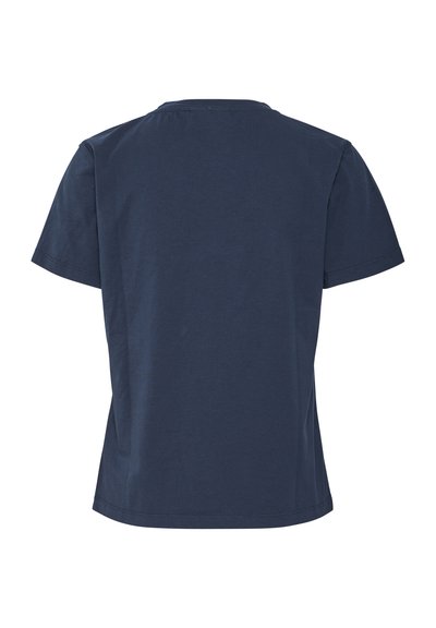 Tricou navy cu mânecă scurtă, având gât rotund și o textură simplă, netedă. Fără motive sau accente vizibile.