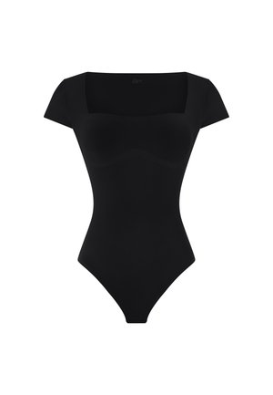 Body noir à manches courtes avec encolure carrée et fermetures à pression à l'entrejambe, silhouette ajustée.